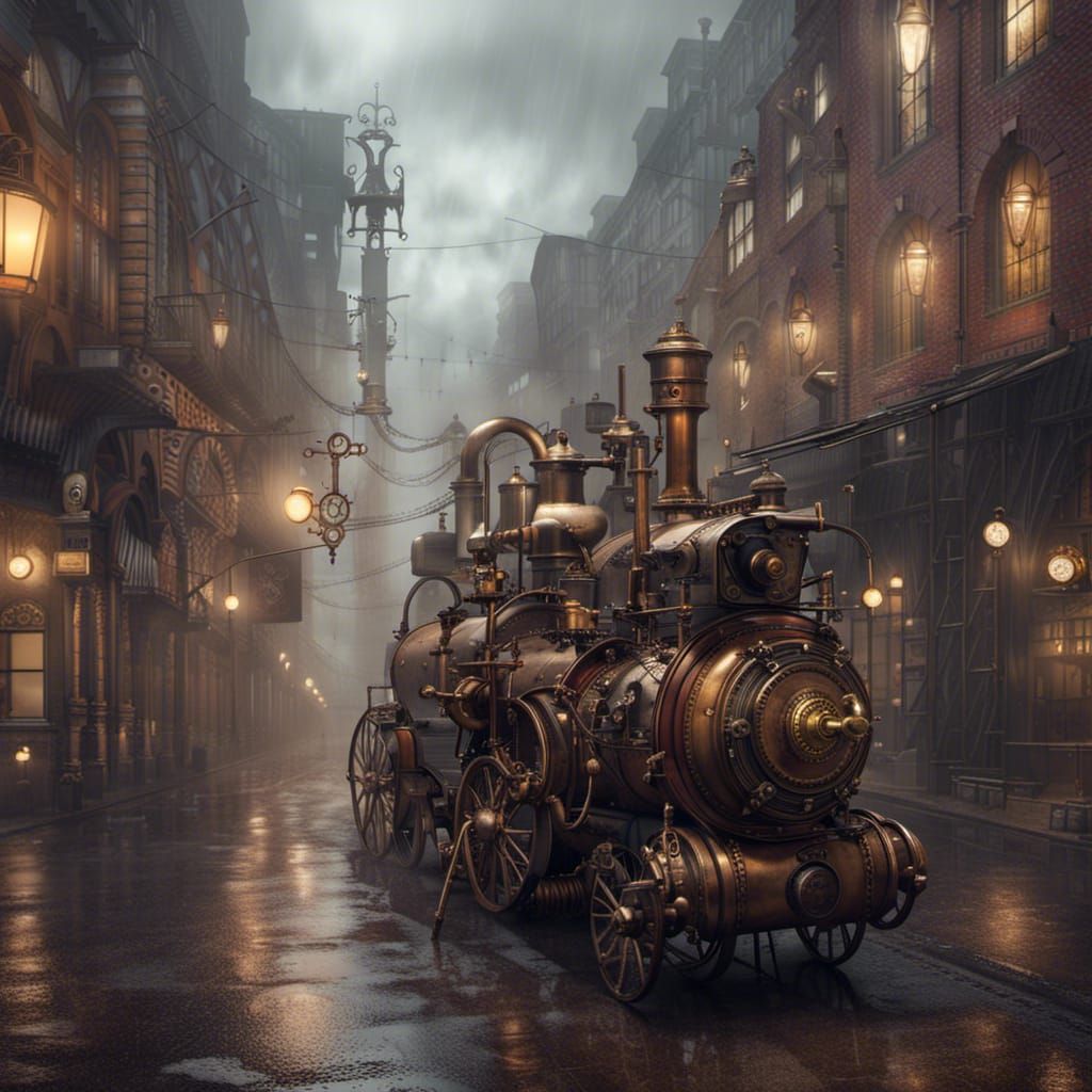Steampunk City Street with Rain and Fog