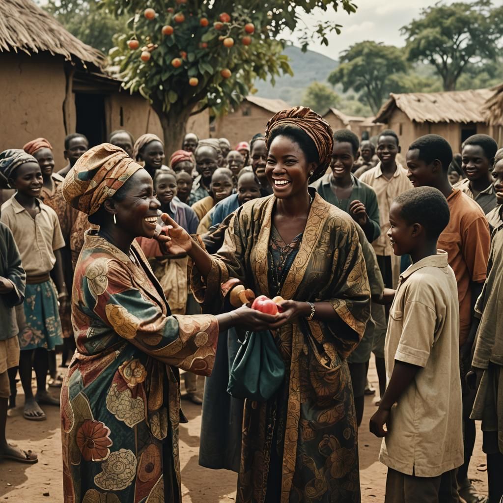 African Queen's Generosity: A Cinematic Village Scene