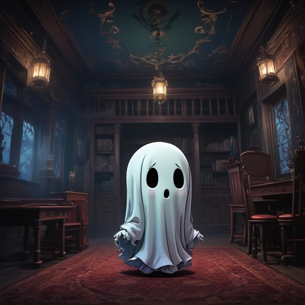 Chibi Ghost in Haunted Mansion: Anime Cel-Shaded Art