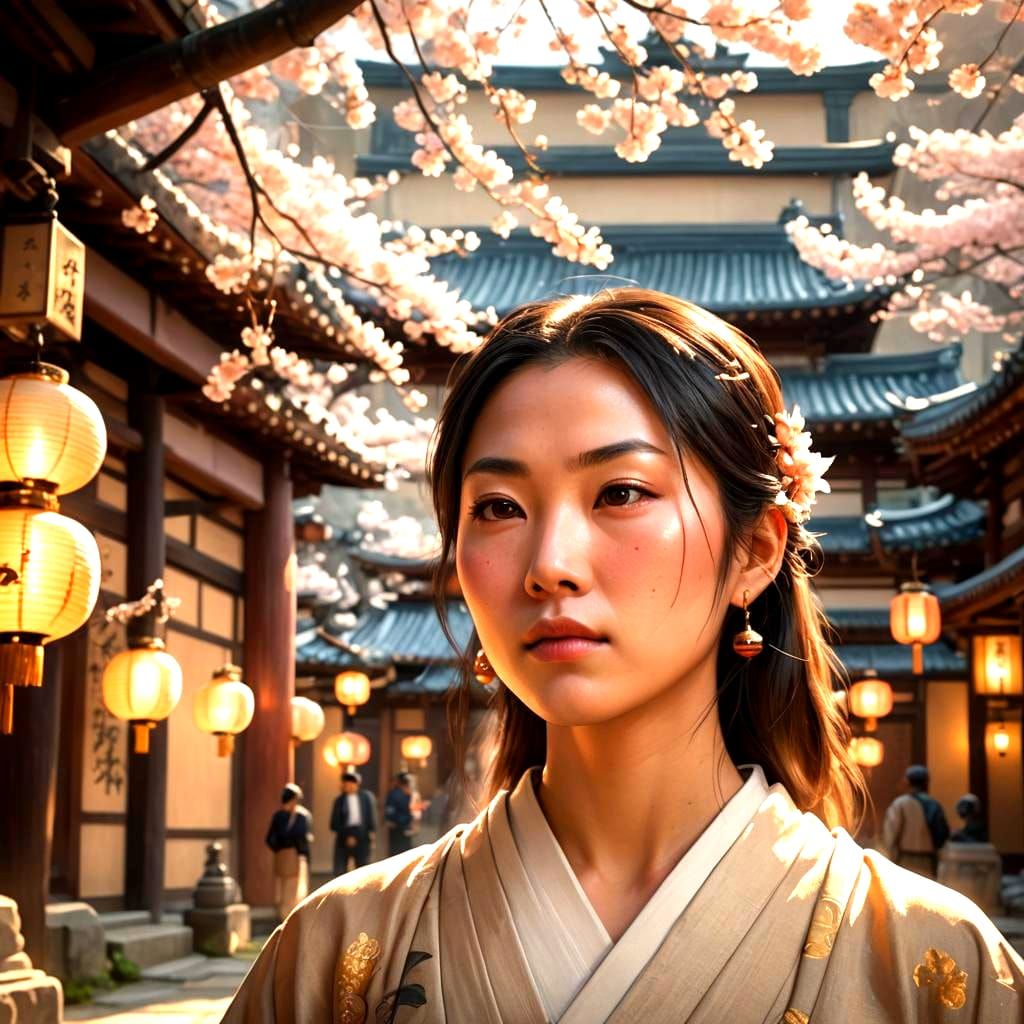 Serene Japanese Geisha in Temple Courtyard