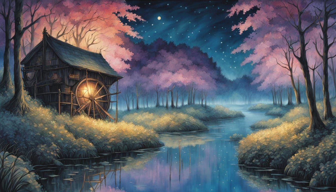 Whimsical Waterwheel in a Bioluminescent River