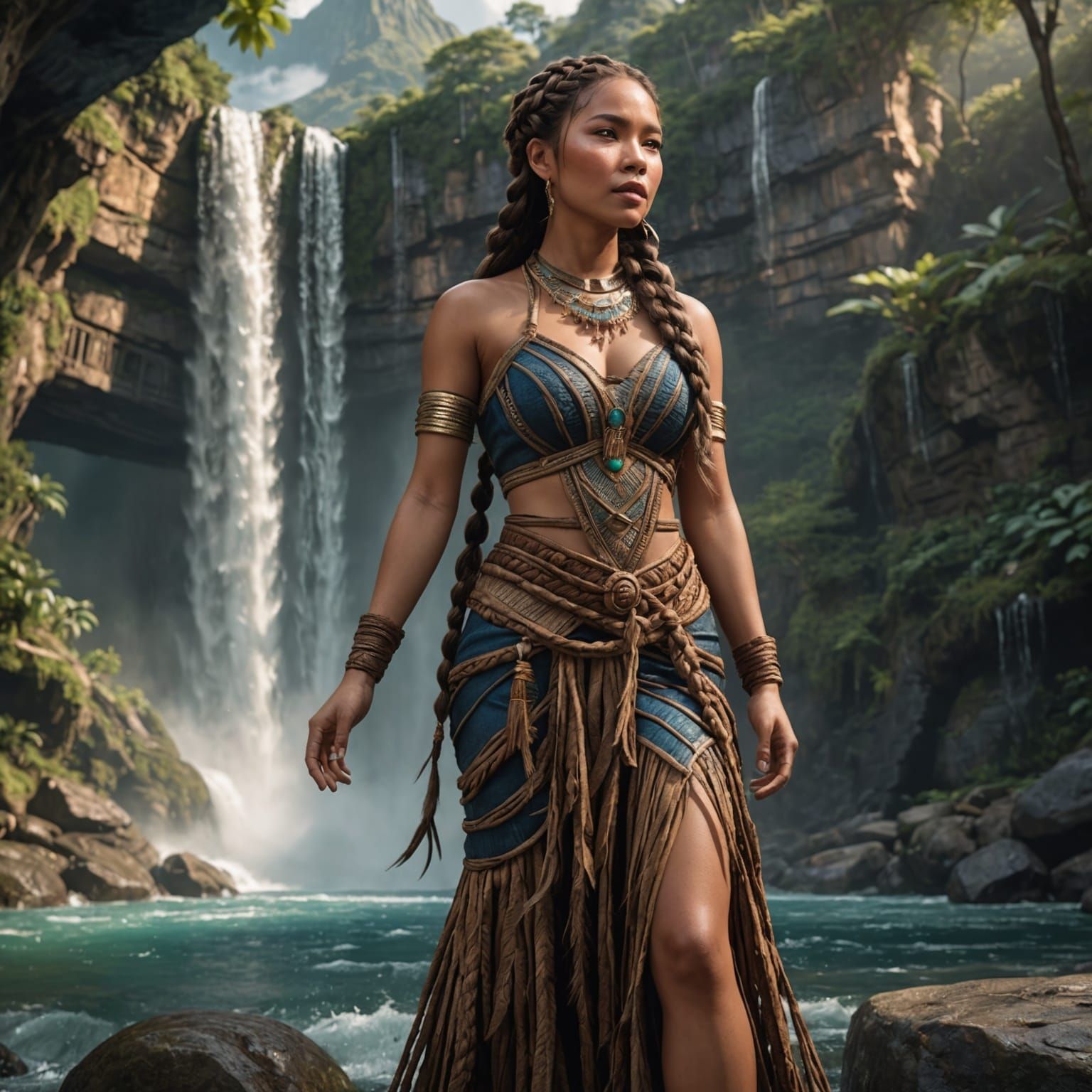 Beautiful Filipina Woman at Waterfall: Fantasy Concept Art