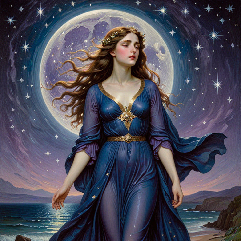 Ethereal Moon Goddess in Midnight Sky with Iridescent Robes