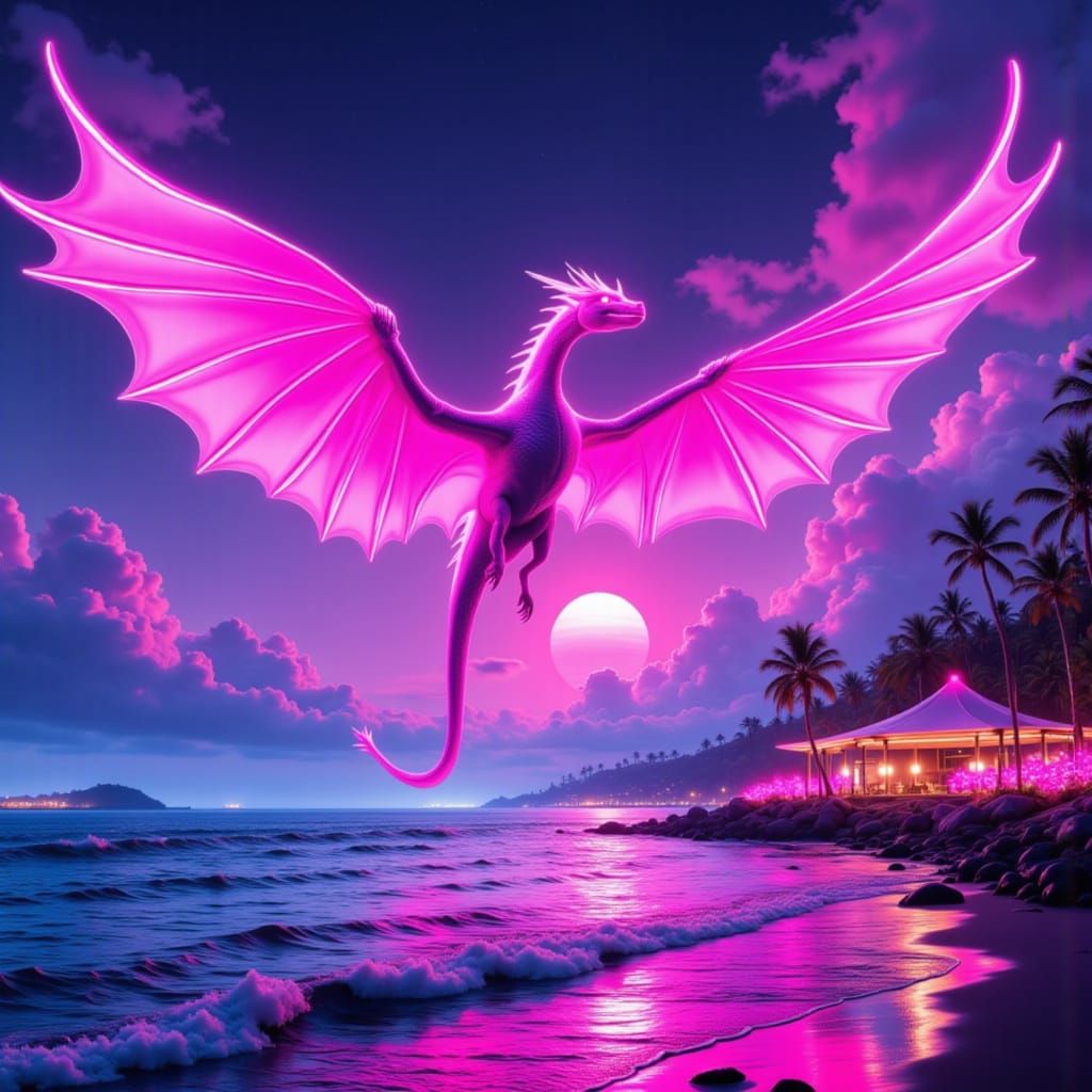 Neon Pink Dragon Over Futuristic Seaside Resort
