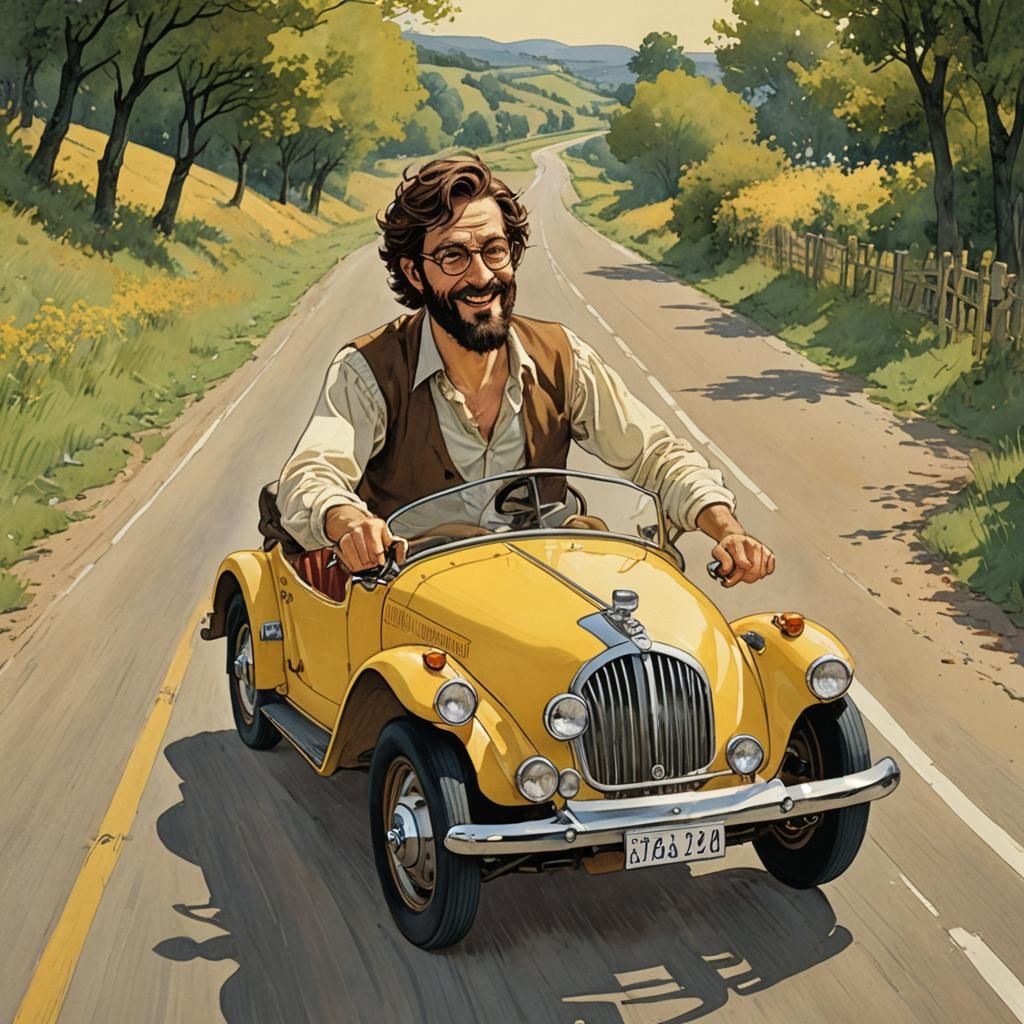 Happy Man Driving Yellow Car in Animated Style