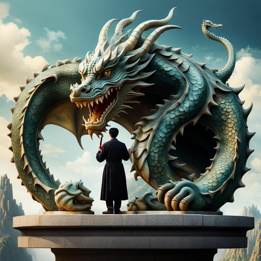 Surreal Dragon Carving on Stone Pillar