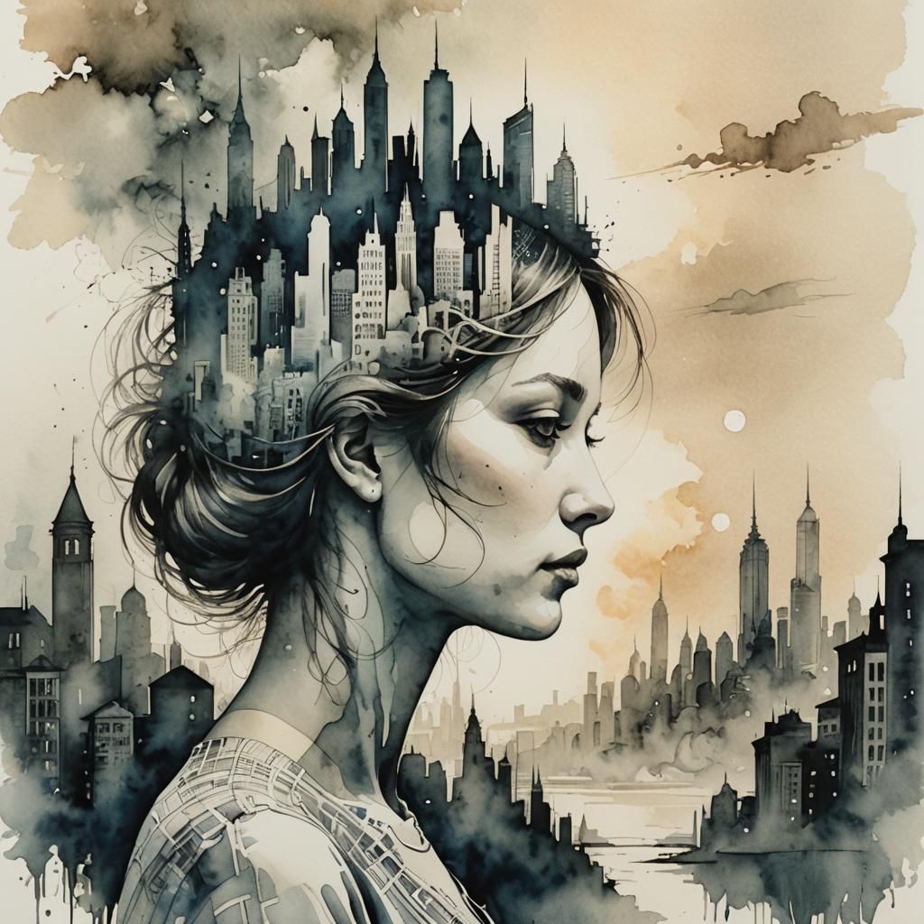 Cityscape Silhouette in Surreal Watercolor Style