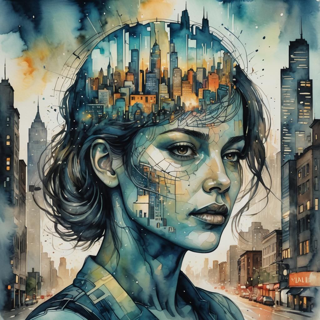 Surreal Cityscape Silhouette in Watercolor Style