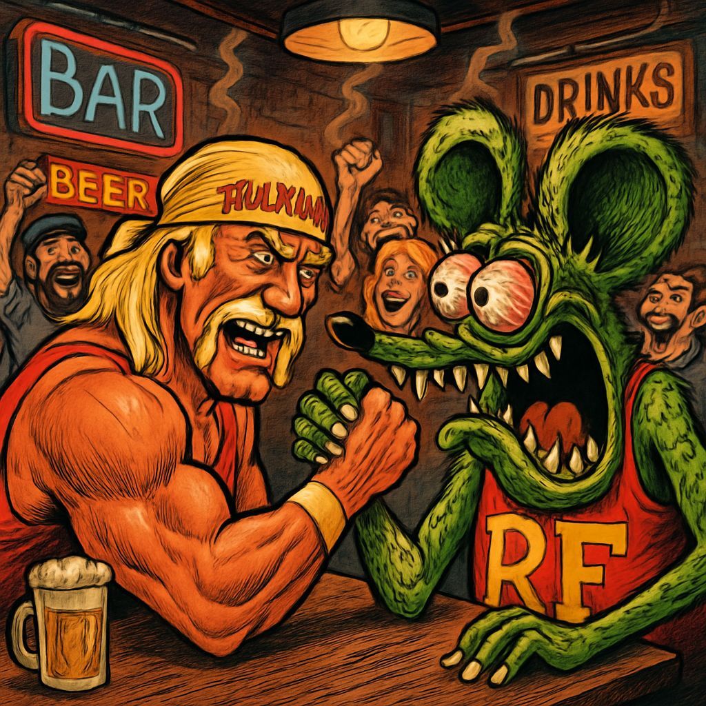 Hulk Hogan Arm Wrestling Rat Fink in Cartoon Style