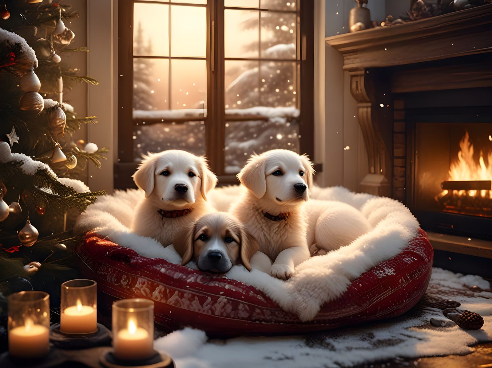 Sleeping Puppies in a Cozy Winter Scene