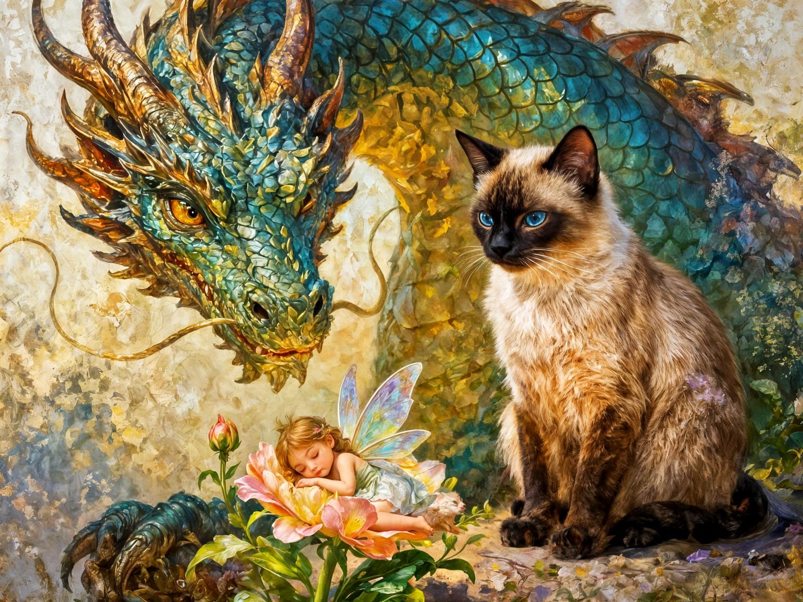 Dragon and Siamese Cat Observe Sleeping Fairy in Oil Paintin...