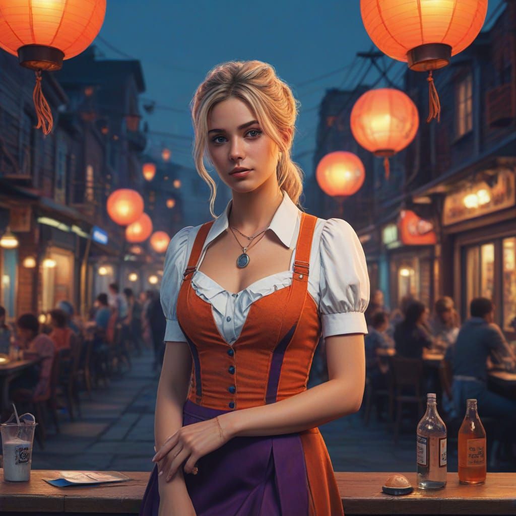Sultry Hooters Waitress in Vibrant Fantasy Realm