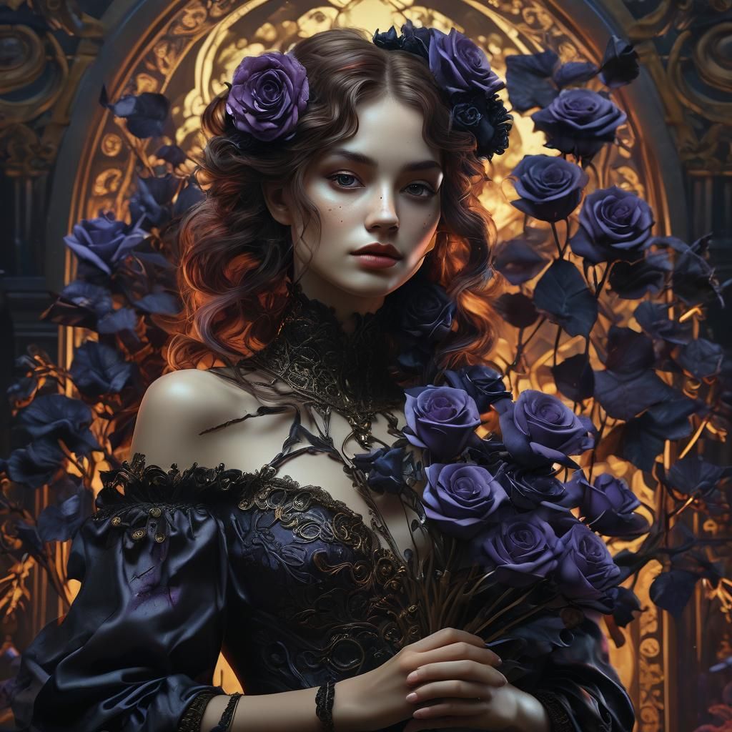 Dark Fantasy Portrait of a Woman with Black Roses and Hearts...