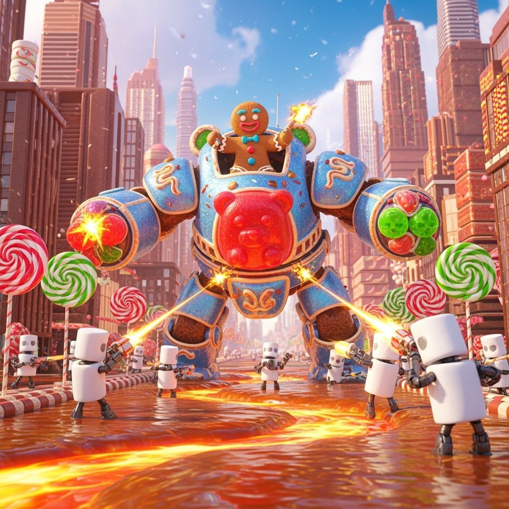Gingerbread Man in Gummy Bear Mech Battles Marshmallow Robot...