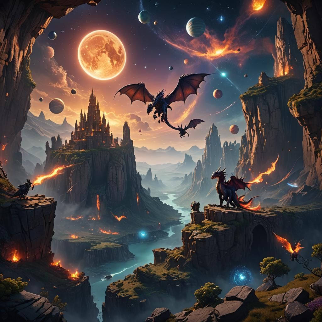 Dragons in Starry Sky Fantasy Concept Art