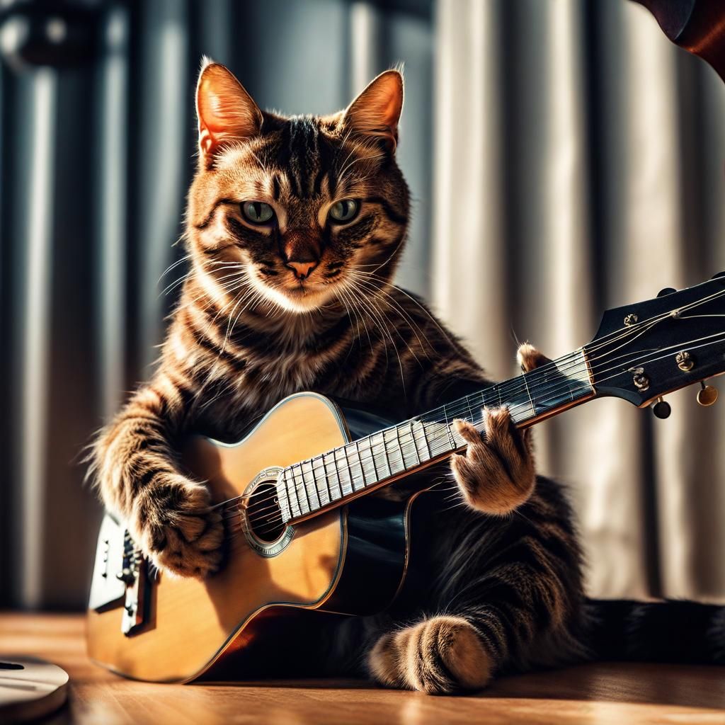 Hyperrealistic Cat Playing Guitar in HDR