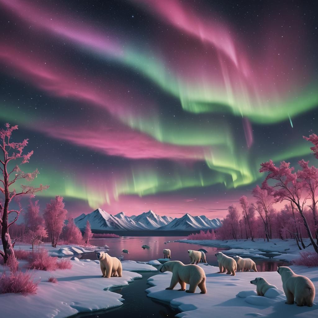 Arctic Aurora Borealis with Polar Bears and Flamingos