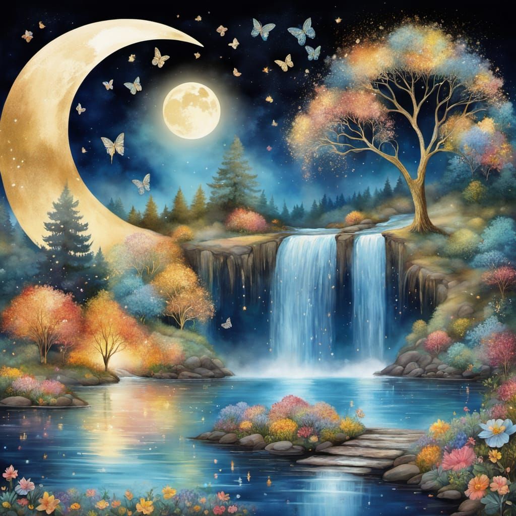Mystical Waterfall Flowing from Crescent Moon