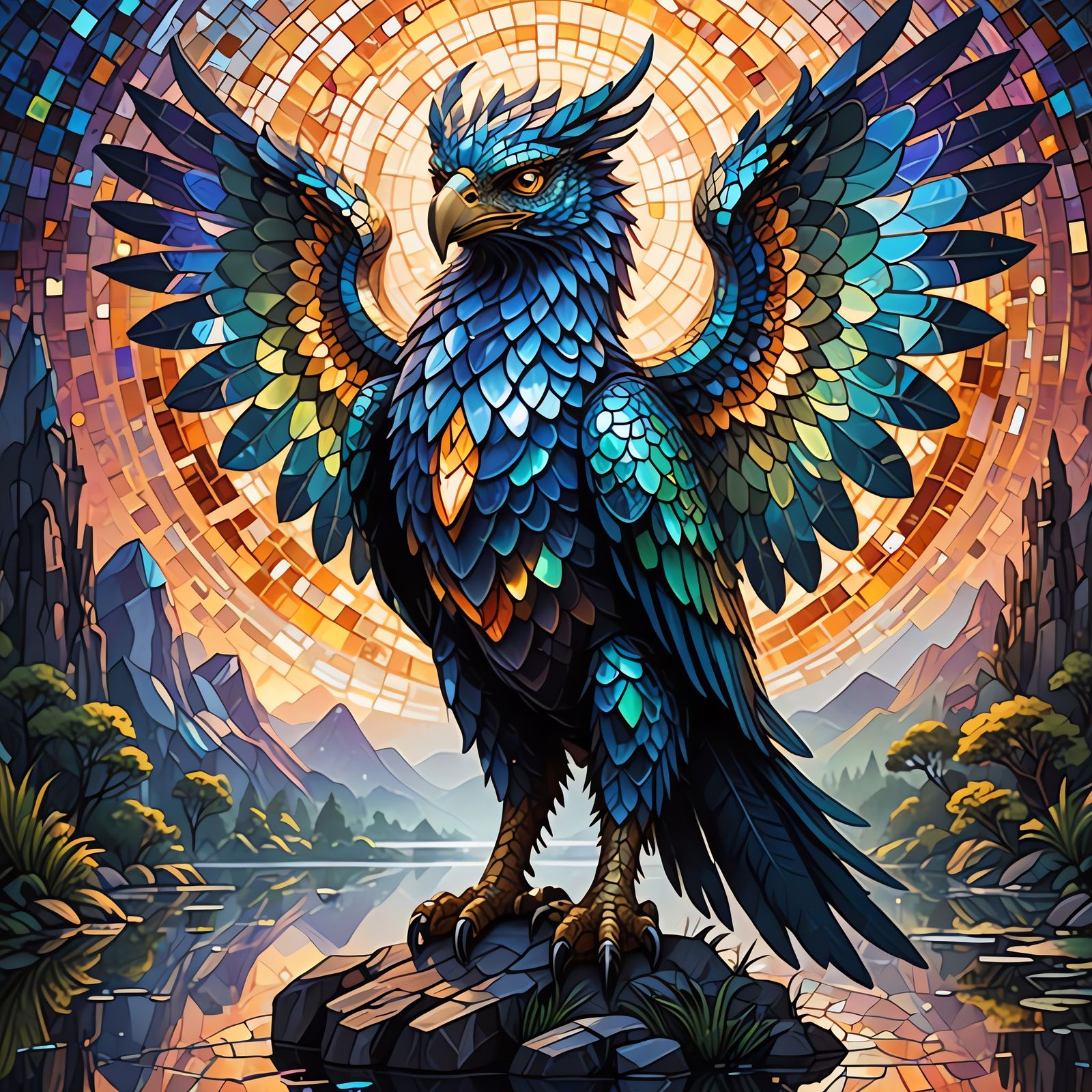 Glass Mosaic Gryphon with Vibrant Colors and Iridescent Shee...