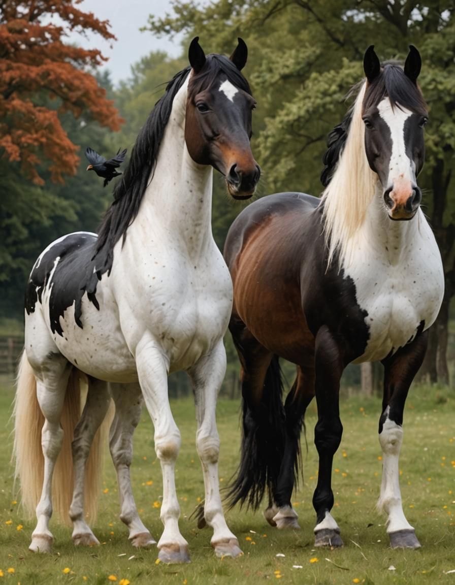 Majestic Horses and Crow in Harmony