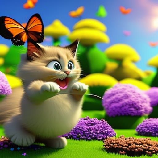 Cute Kitten Pouncing on Butterflies as 3D Digital Art