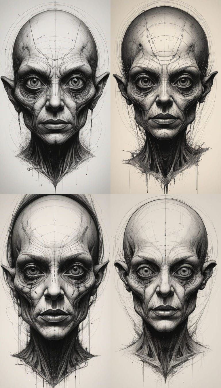 Grotesque Alien Face in Charcoal Style