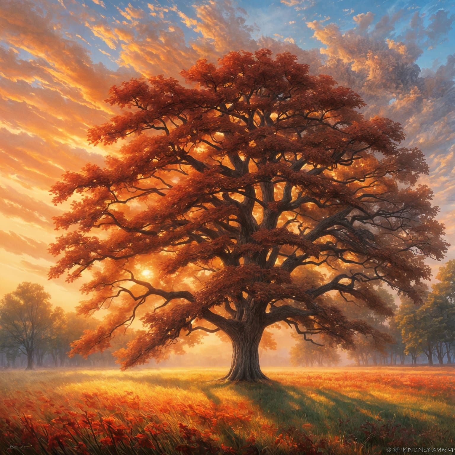 Majestic Red Oak Tree in Ethereal Sunset Glow