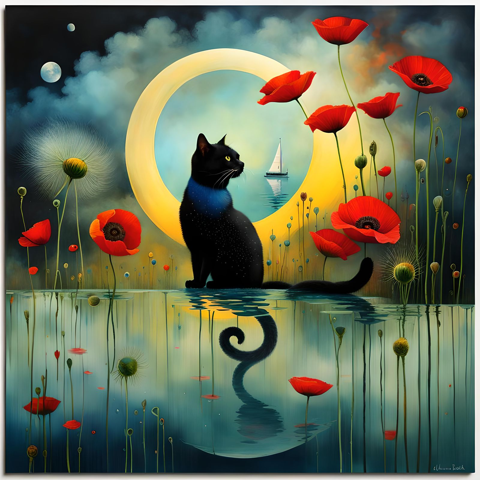Surreal Cat Sailing with Poppies in Dreamy Landscape