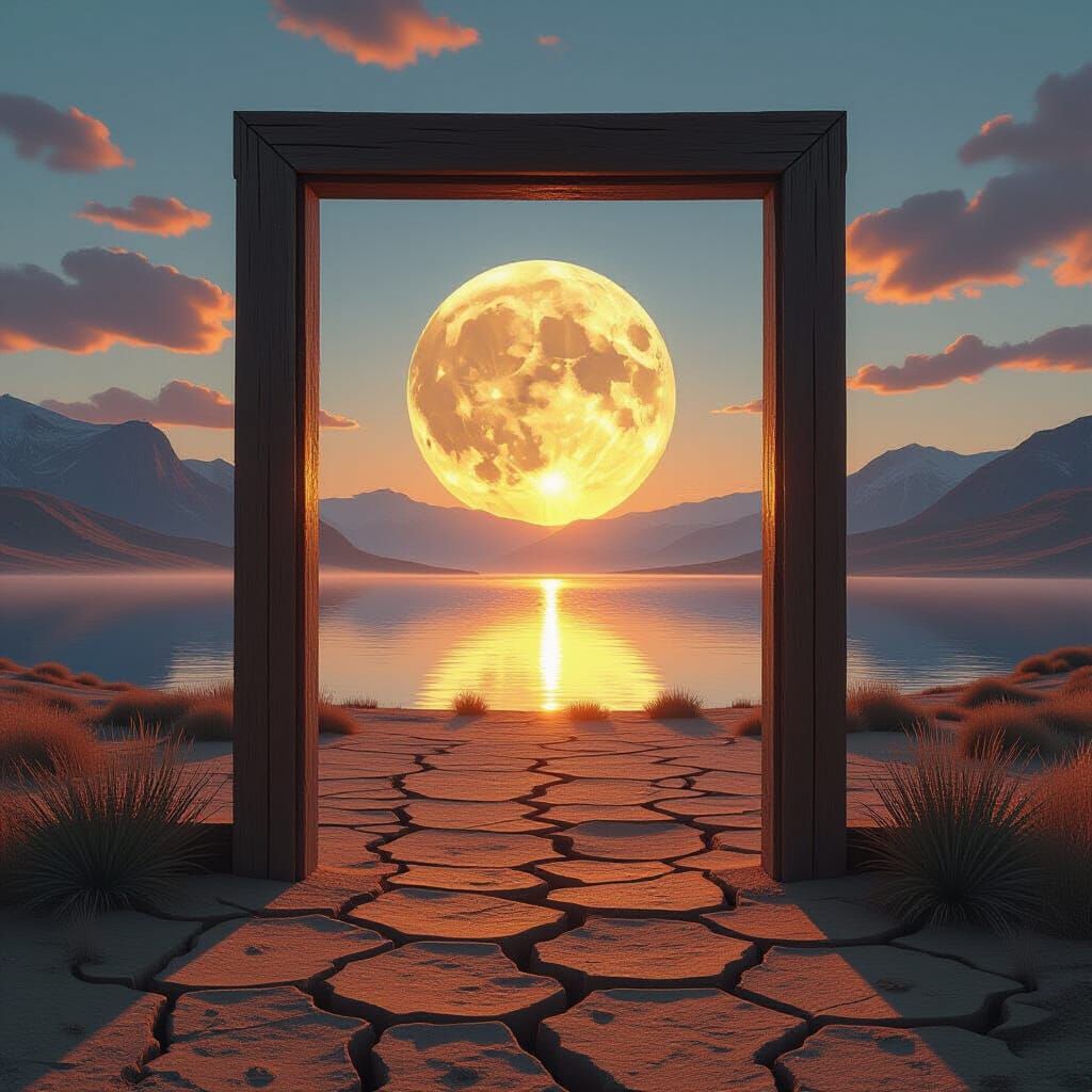 Surreal Desert Landscape with Moonlit Portal
