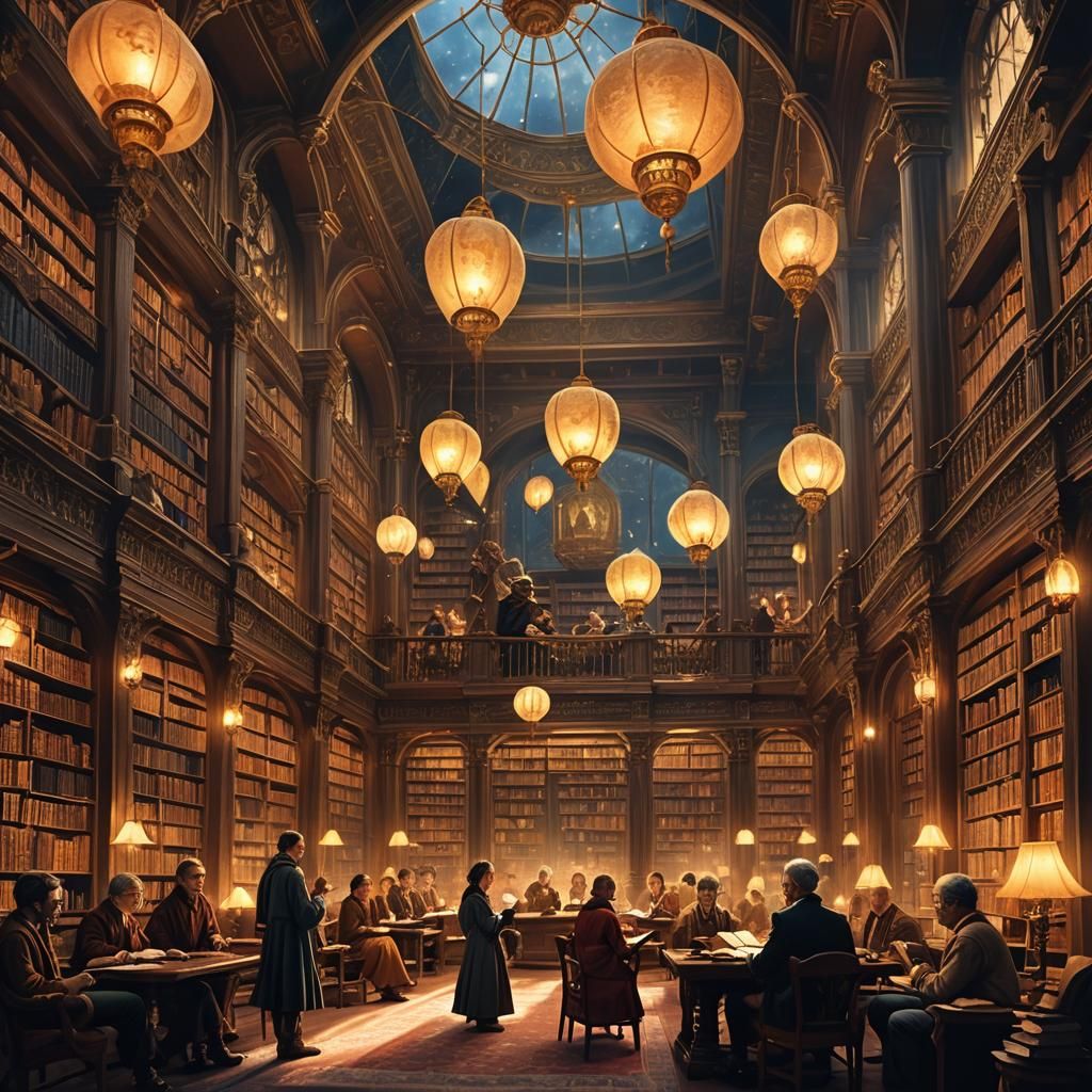 Magical Library Book Reading in Oil Painting Style