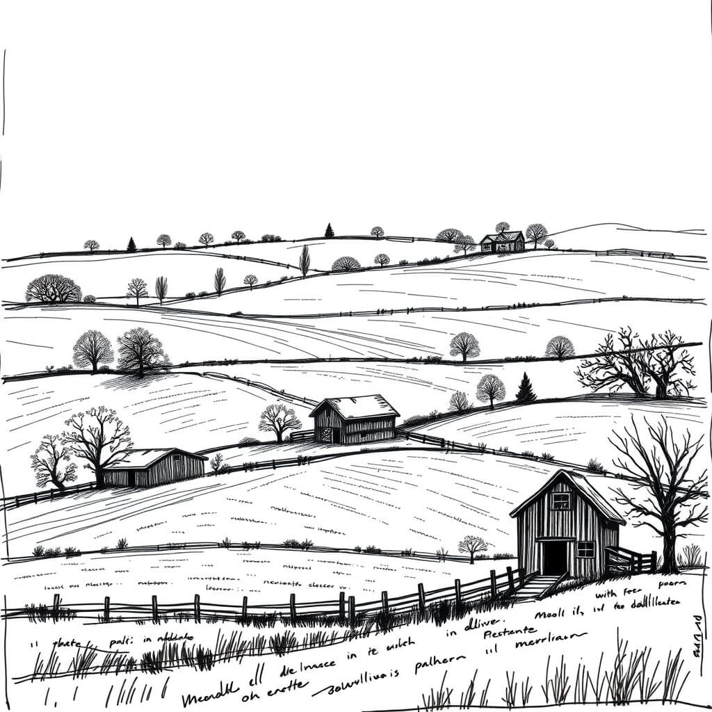 Monochrome Farmland Sketch with Rustic Barns