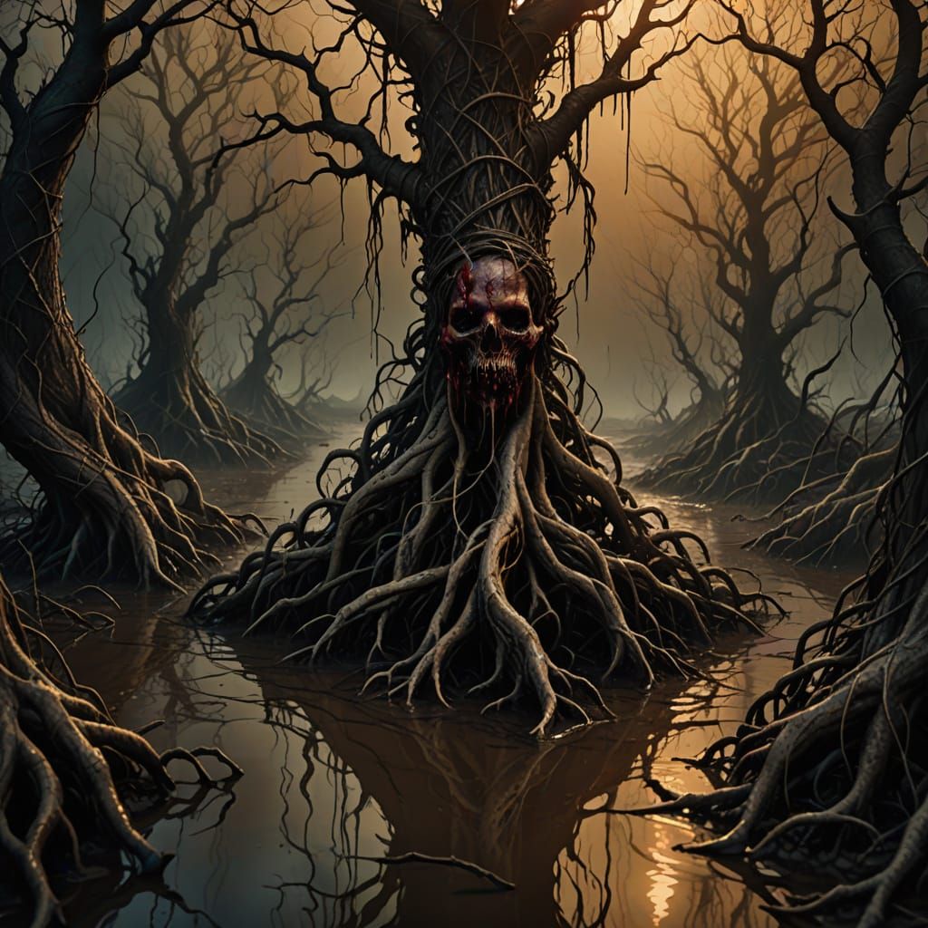 Dark Fantasy Scene with Twisted Roots and Blood-Filled Bogwa...
