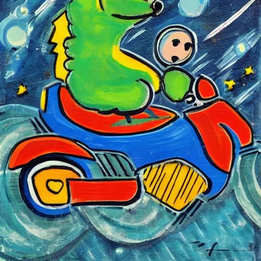 Cute Dog Rides Motorbike in Space, Abstract Art