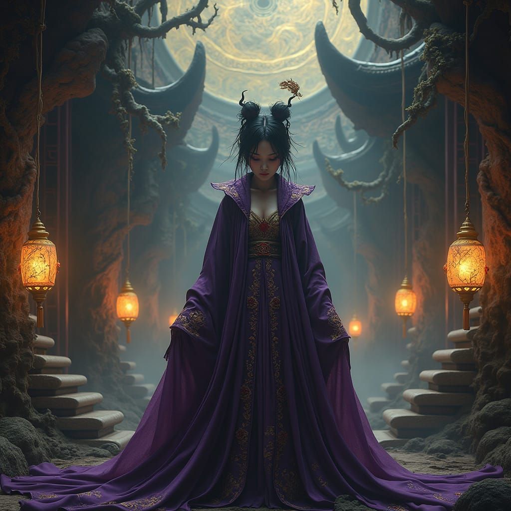 Ethereal Chinese Vampire in an Ornate, Macabre Temple