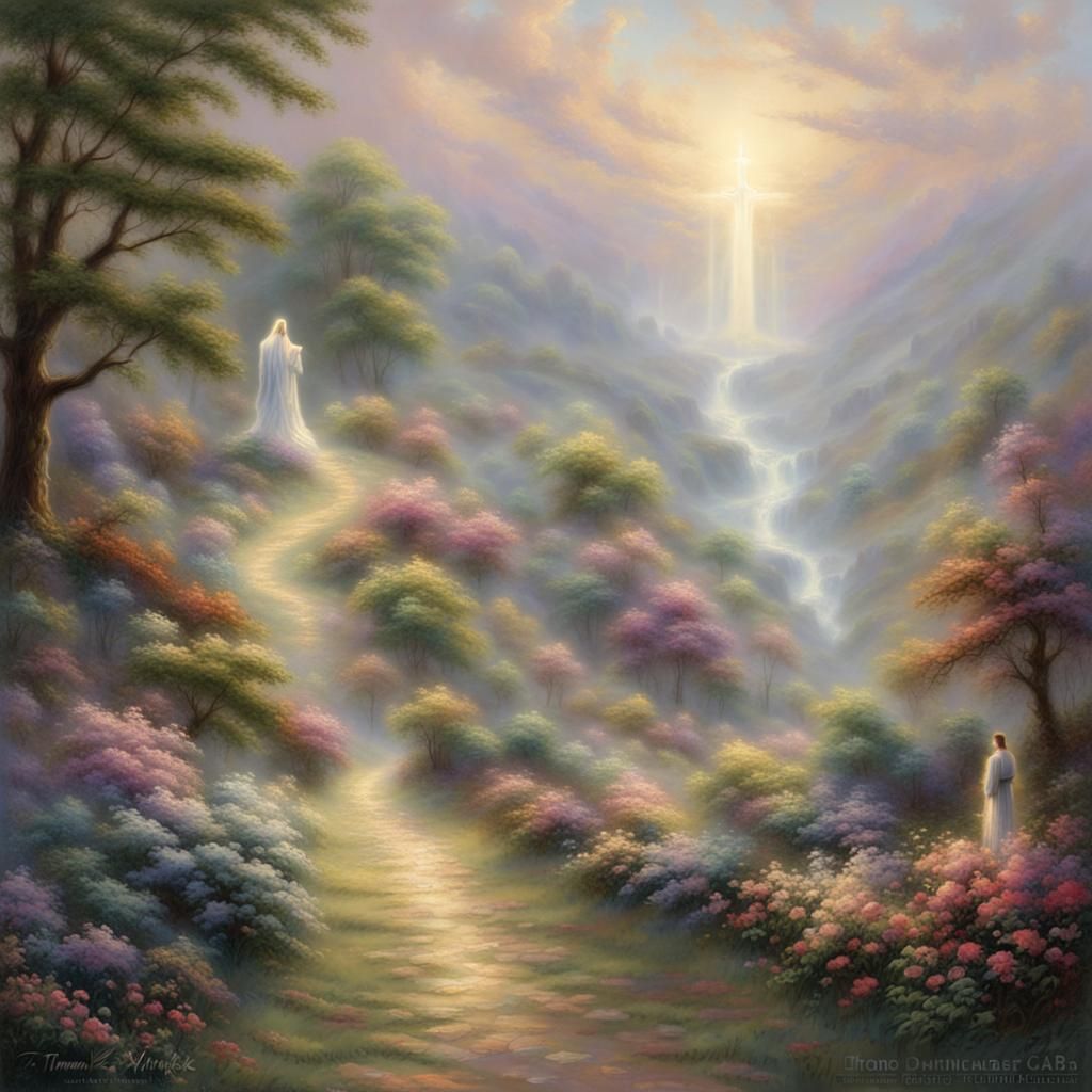 Ethereal Walk with Christ in Kinkade Style