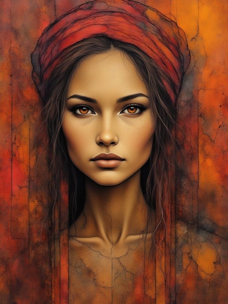 Female Portrait on Rusted Metal in Red and Orange Hues