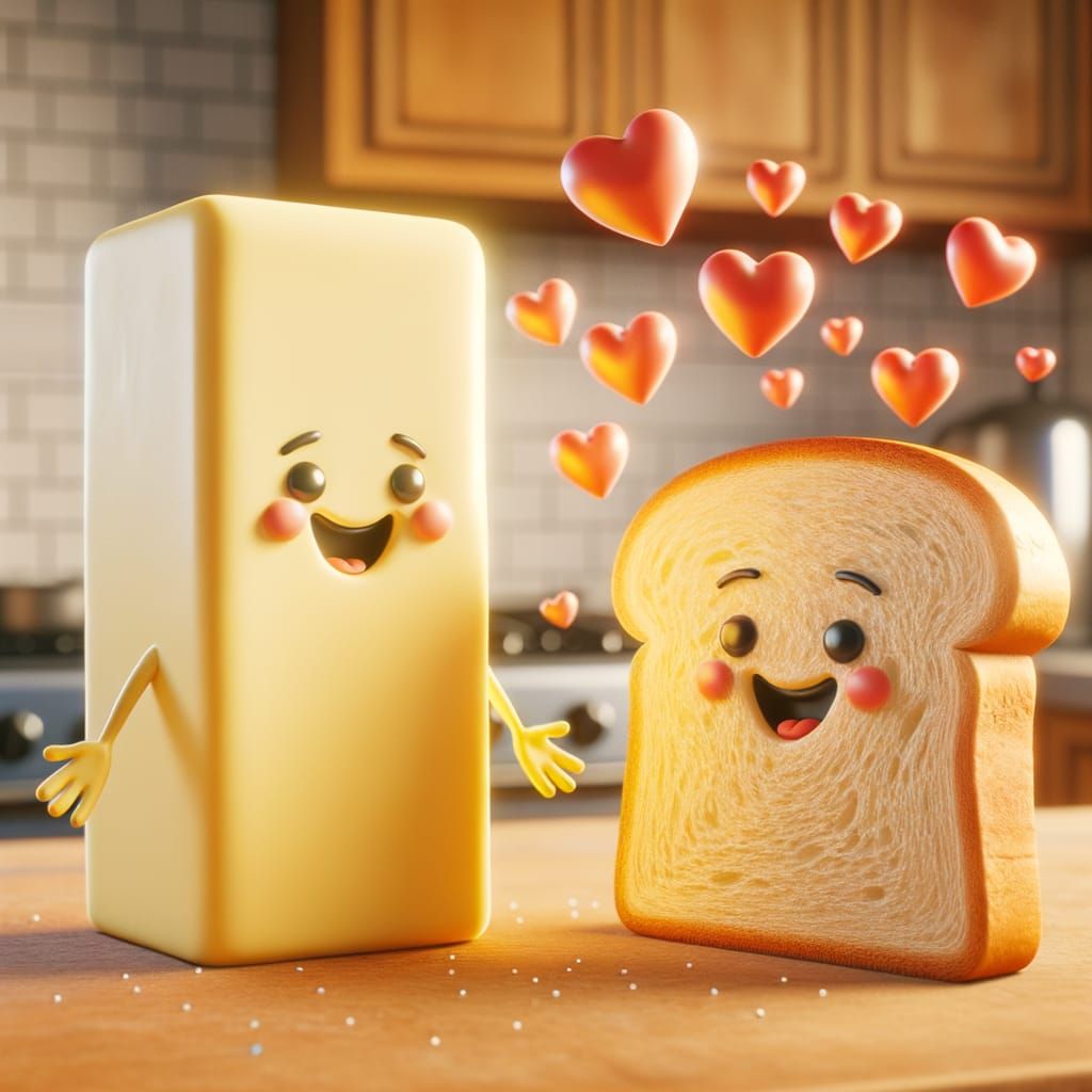 Butter and Bread Cartoon Love in CGI Style
