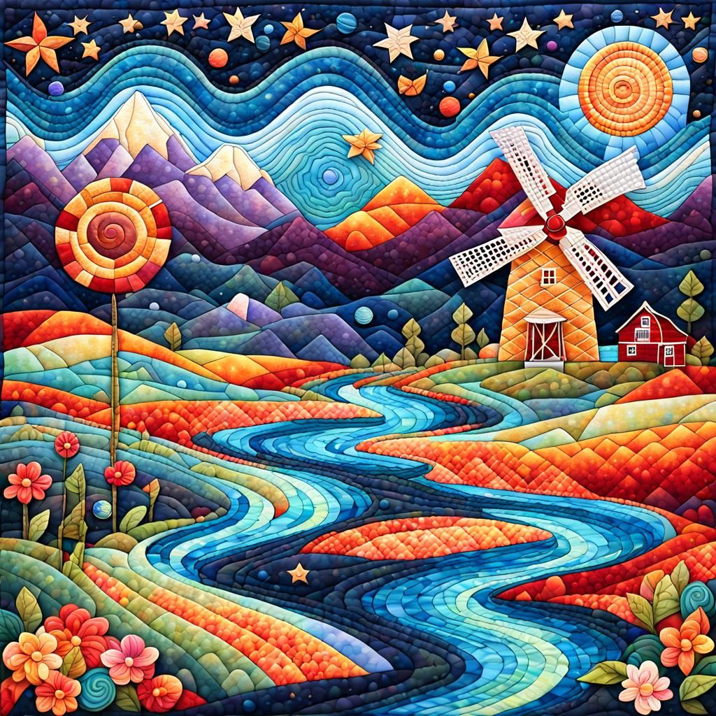 Quilted Landscape with Windmill and Starry Sky