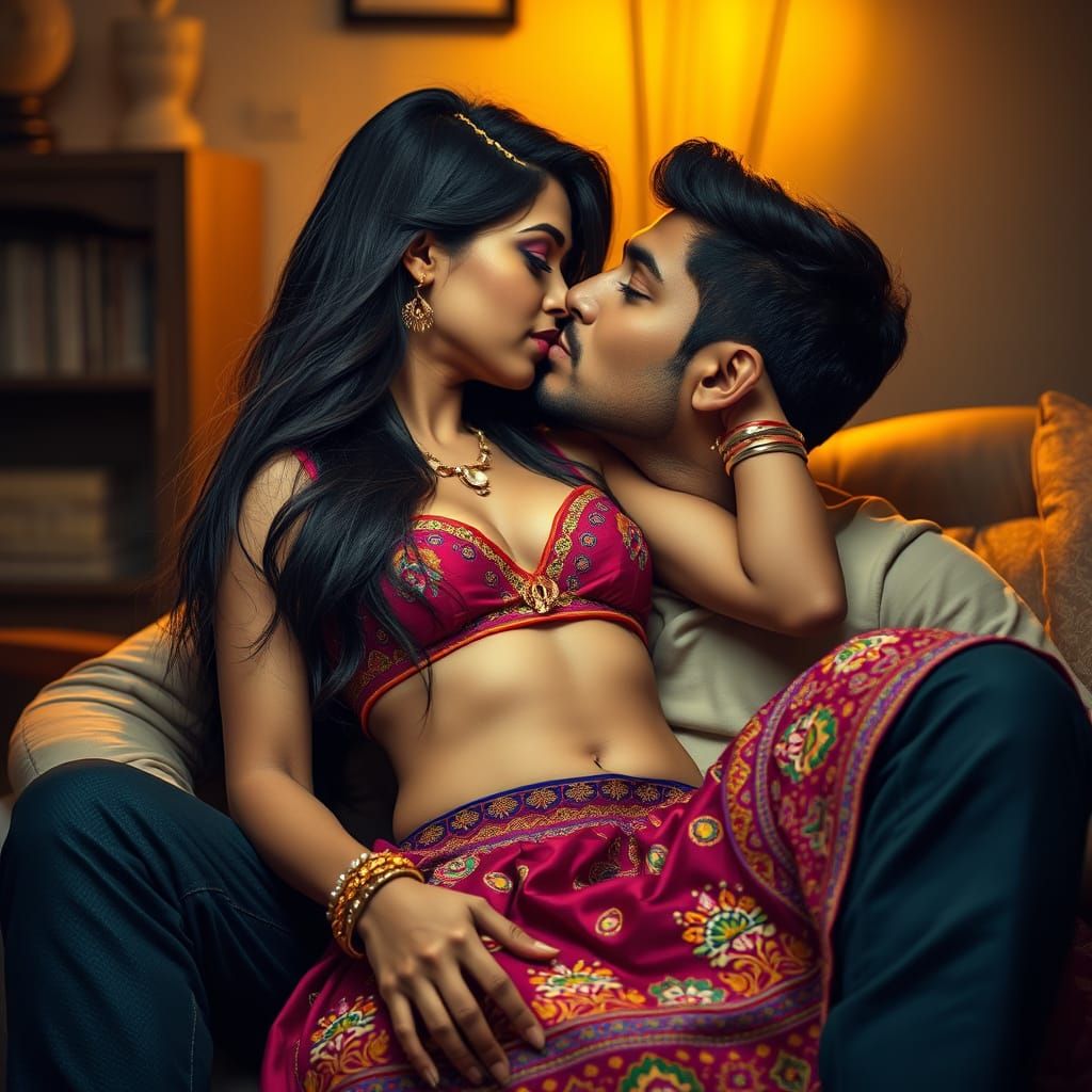 Indian Woman and Man Share Tender Kiss in Cozy Embrace