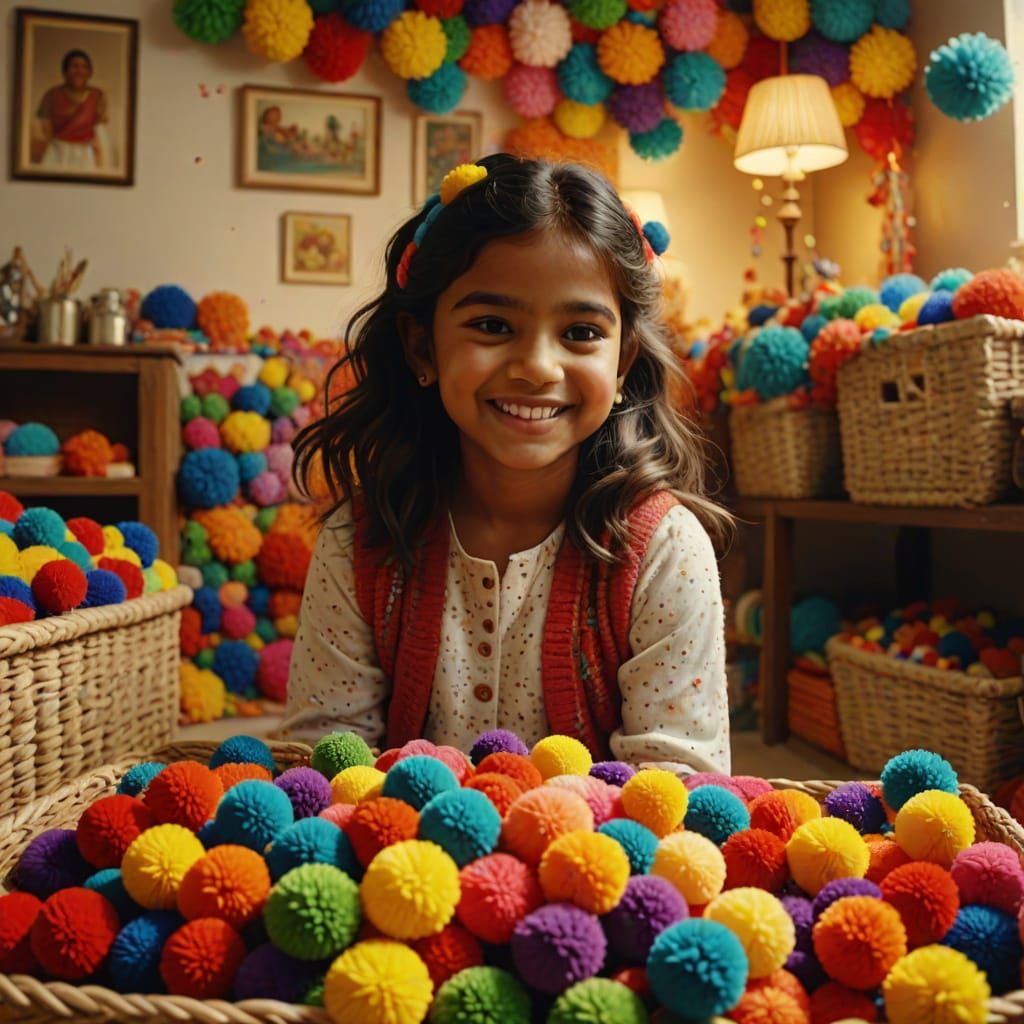 Beautiful Indian girl with a room full of toys made of pom p...