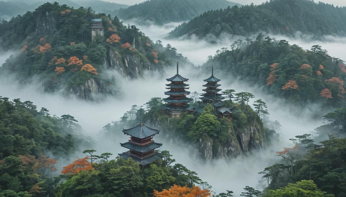 Misty Forest Panorama with Ancient Towers