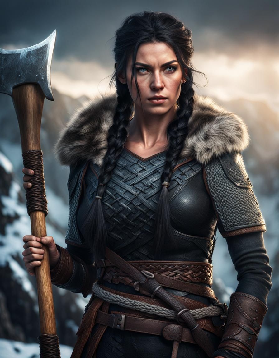 Viking Woman with Axe in Frozen Landscape