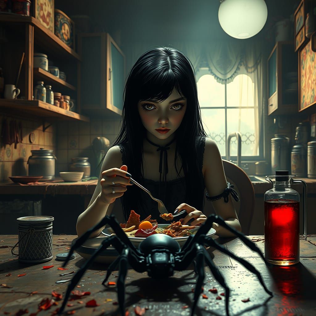 Gothic Girl's Backlit Supper with Spider