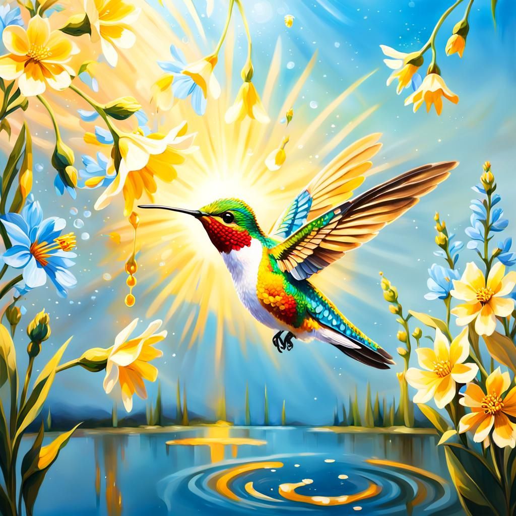 Hummingbird Feeds: Impressionistic Oil Painting in 8K