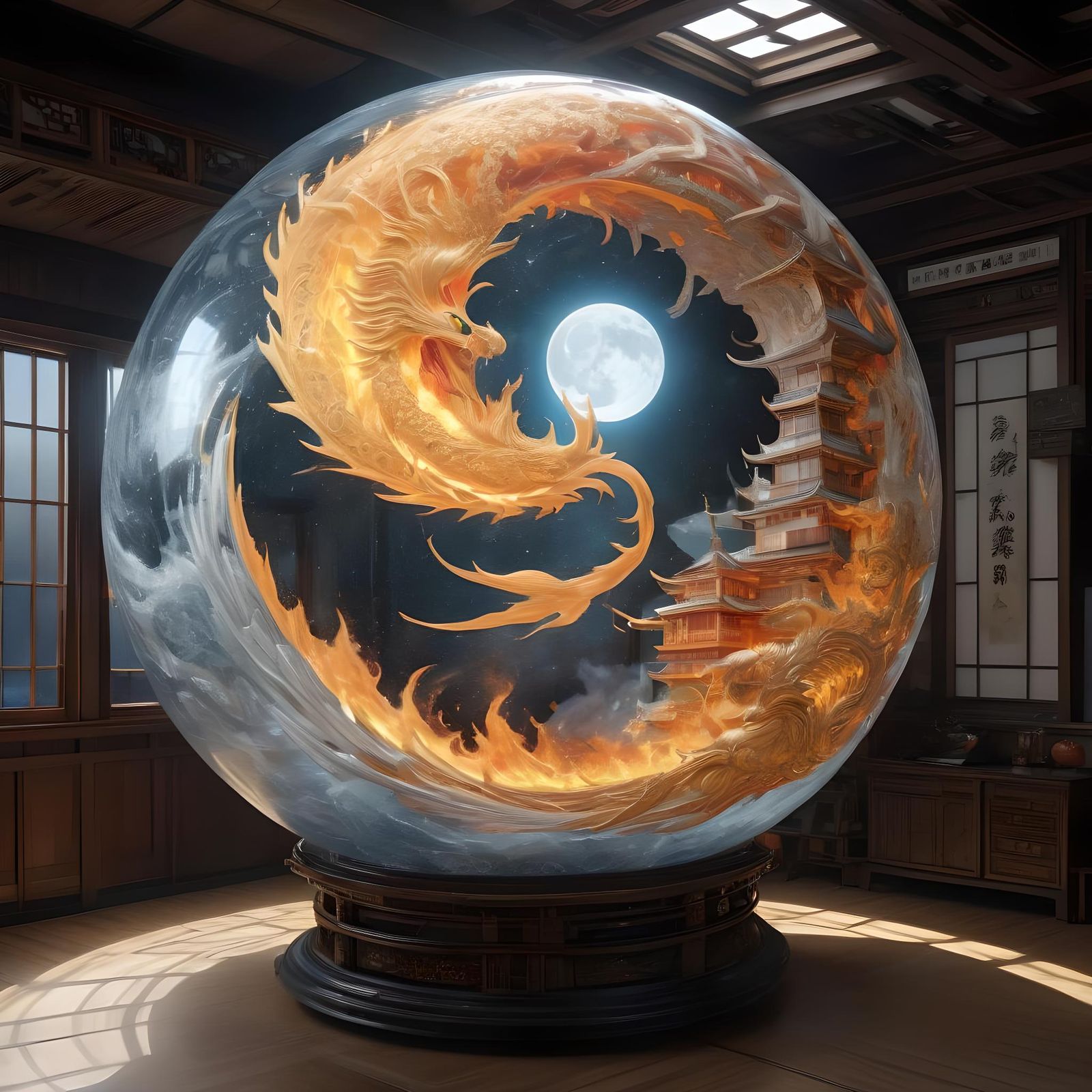 Ice and Fire Maelstrom Orb in Ukiyo-e Style