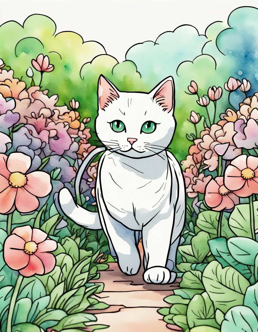 Chibi Cat in Flower Garden with Watercolor