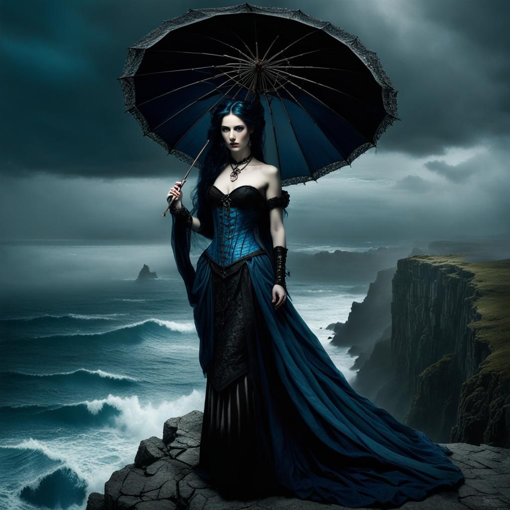Woman with Braided Blue Hair on Cliff Edge