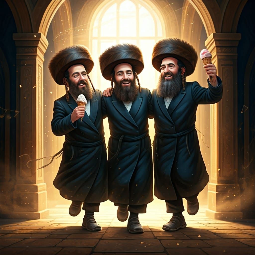 Hasidic Men Dancing with Ice Cream in Synagogue