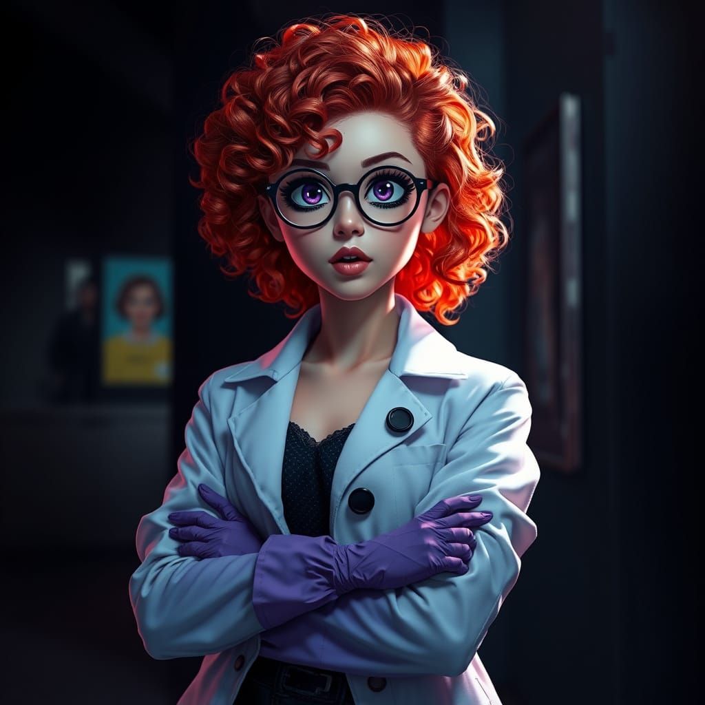 Young Woman in Lab Coat with Vibrant Red Hair