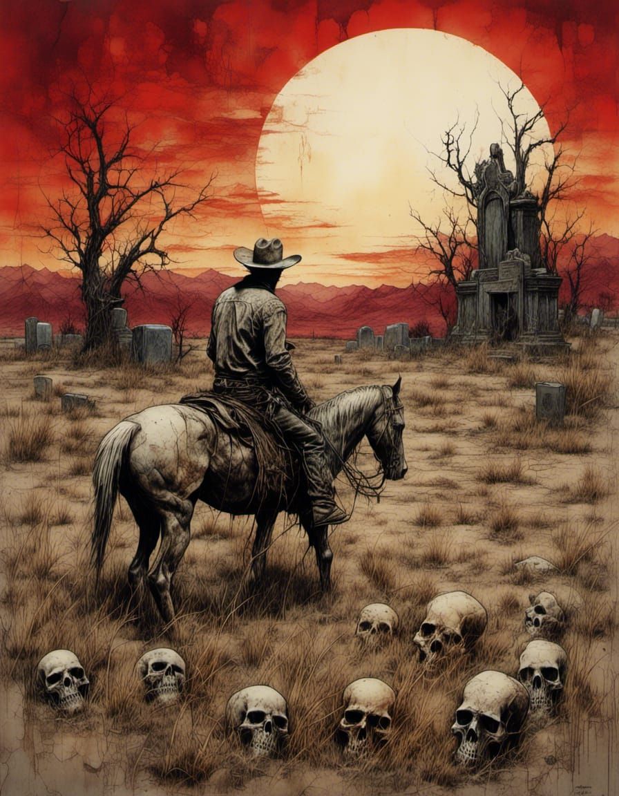 Cowboy in Haunted Graveyard at Sunset